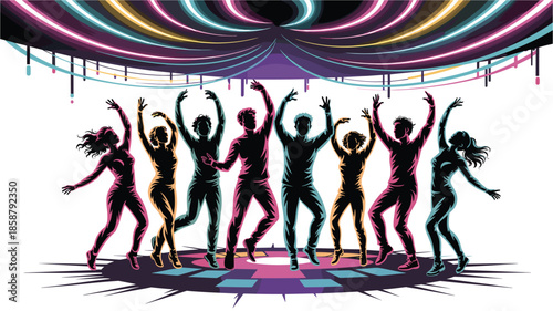Vibrant group of people dancing together in a nightclub with colorful lights