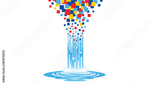 Vibrant pixels splash into water creating dynamic digital wave