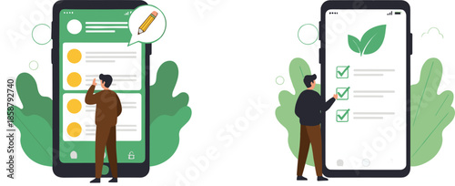 Flat vector illustration of people interacting with mobile app interfaces featuring a todo list with checkmarks and a social media profile layout with edit icon.