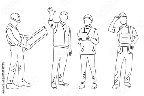 Sketches of Construction Workers Wearing Hard Hats and Safety Vests.