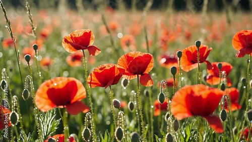 Vibrant Red Poppies Swaying Gently in a Sunlit Field on a Beautiful Summer Day.