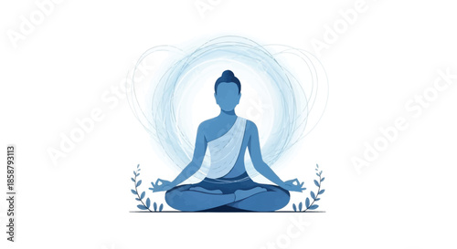 A serene silhouette of a person meditating in the lotus position with a halo