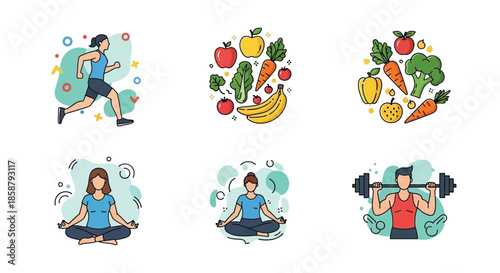 Illustrations depicting healthy lifestyles including exercise nutrition and mindfulness