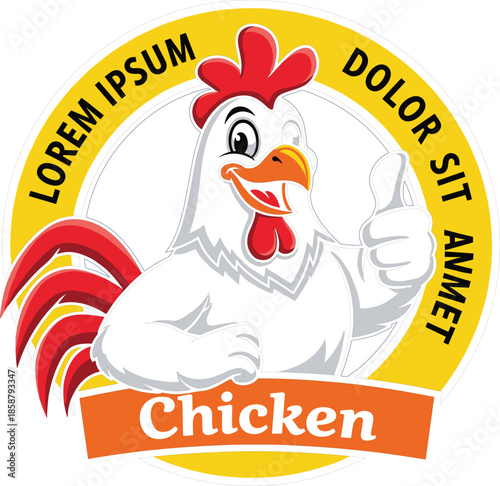 Friendly cartoon chicken mascot logo featuring a white rooster with a red comb giving a thumbs up in a yellow circular emblem for restaurant branding.