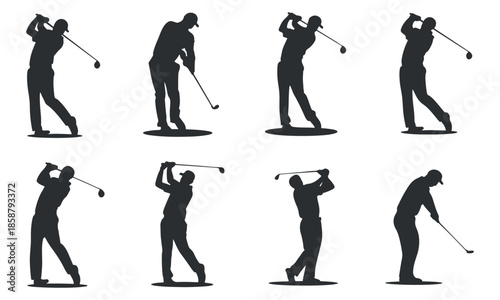 Silhouettes of Golfers in Various Poses Swinging Golf Clubs.