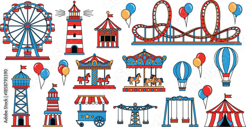 Amusement park carnival icons set featuring ferris wheel, roller coaster, carousel horses, circus tent, balloons, lighthouse, and fairground attractions in flat vector style.