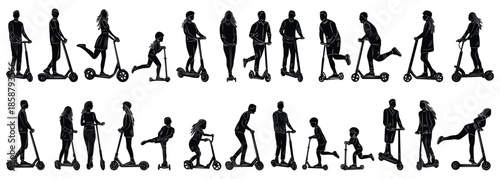 Silhouettes of People Riding Kick Scooters and Electric Scooters in Various Poses.