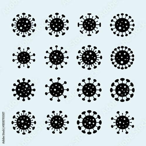Black and white illustration of various virus particles arranged in a grid pattern on a light blue background