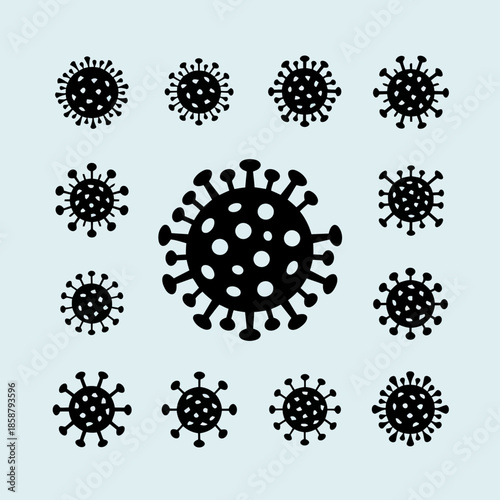 Illustration of various virus particles with a large central virus surrounded by smaller ones on a light background