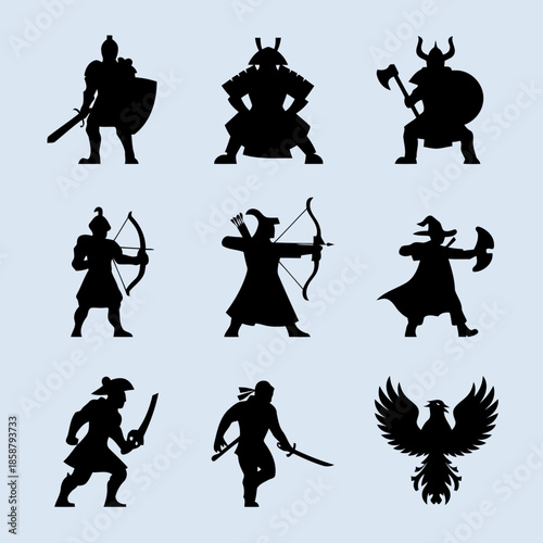 Collection of nine medieval warriors and an eagle silhouette icons in black color