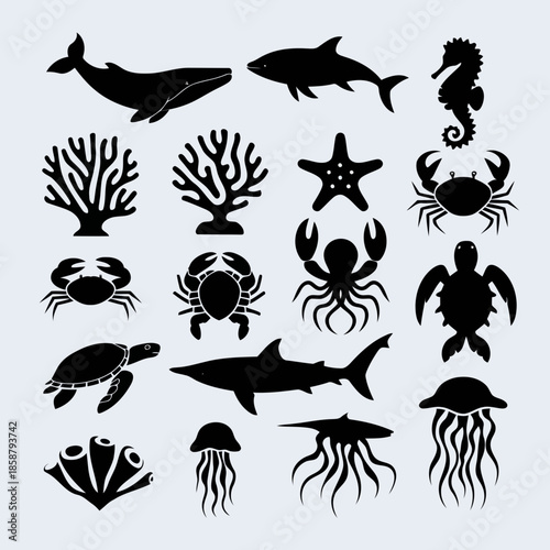 Black silhouettes of various sea creatures including whales, sharks, crabs, starfish, and jellyfish on
