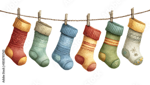 Colorful knitted Christmas socks hang on a clothesline. The socks come in a variety of colors with contrasting heels and cuffs.