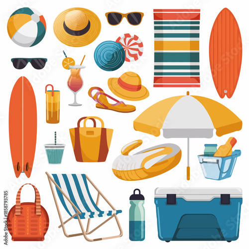 Summer beach vacation items including surfboards, sunglasses, beach balls, towels, and coolers
