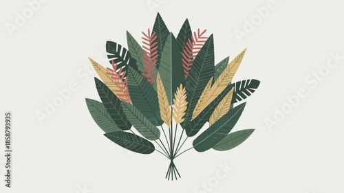 Colorful illustration of various leaves and plants arranged in a bouquet style with different textures and patterns
