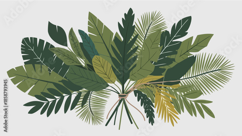 A vibrant bouquet of various green leaves and foliage arranged in a natural style, showcasing different textures and shades of green