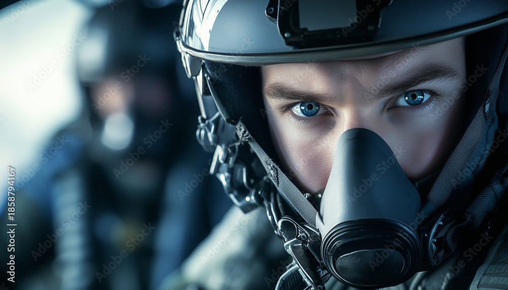 Fototapeta premium Close-up pilot face in fighter jet cockpit wearing oxygen mask. Intense blue eyes focused ahead, ready for flight mission. Second pilot