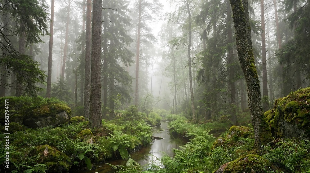 Fototapeta premium Misty forest with stream and ferns trees