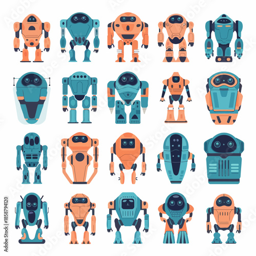 Collection of colorful futuristic robots in various poses and styles