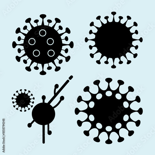 Illustration of various virus particles with different structures and shapes, representing the concept of viruses and pathogens