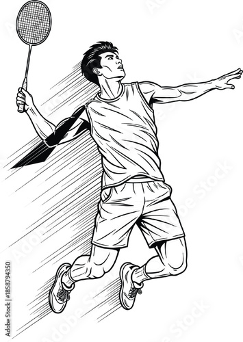 Professional male badminton player vector illustration performing an athletic jump smash with racket in high energy hand-drawn black and white sketch style for sports competition.