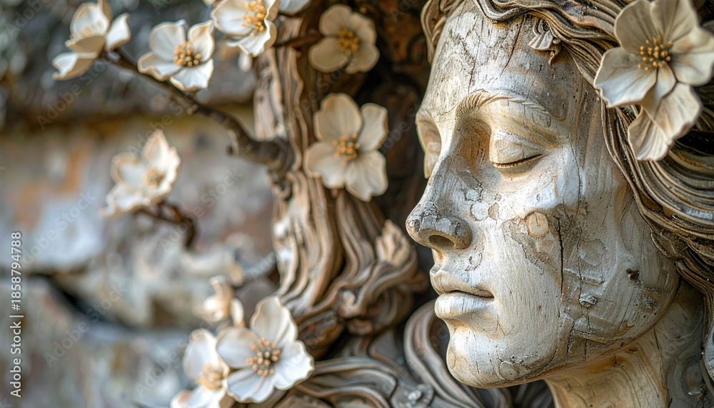Obraz premium Stone Sculpture Of A Serene Woman Adorned With White Flowers Evokes Tranquility And Nature Serenity In A Garden Setting Soft Natural Lighting Highlights Textured Details
