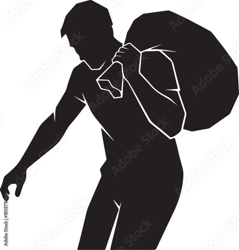 Vector  illustration of Silhouette of a man carrying a heavy sack over his shoulder, isolated on transparent background.