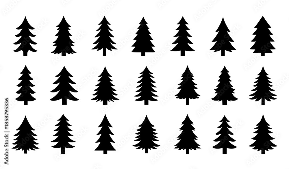 Obraz premium Minimal Pine and Fir Tree Line Icon Set with Christmas Tree Symbols Isolated on White
