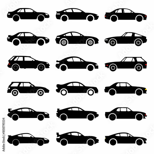 Collection of various black and white car silhouettes in different styles and designs