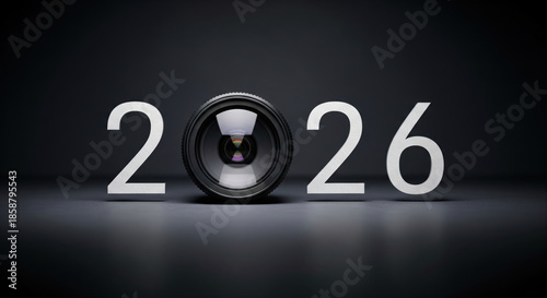 2026 New Year text with realistic camera lens in the middle, and dark studio textured background, creative media concept. photography theme 