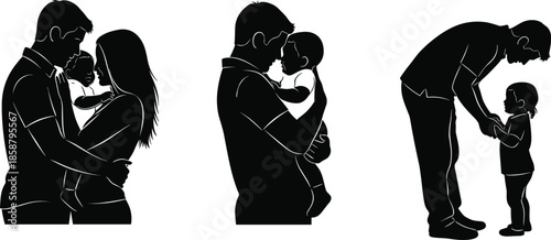 Happy family silhouettes collection, parents holding baby and child, father mother love moments, black vector illustration
