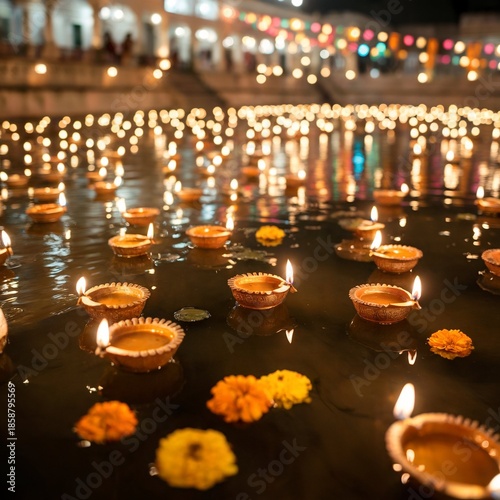 Bright and Vibrant Diwali Festival with Diyas Flowers and Fireworks