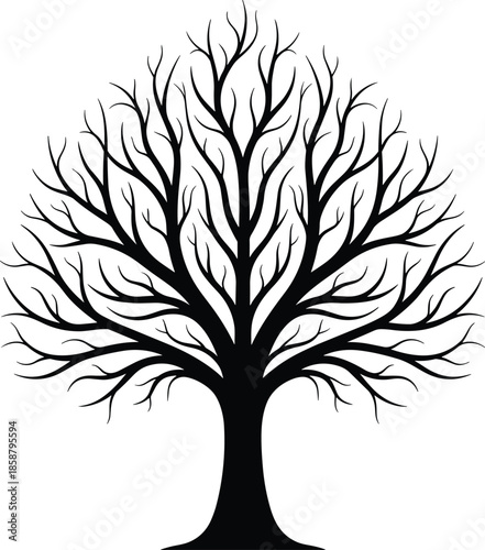 Leafless tree silhouette illustration, bare winter branches nature symbol, black tree vector design, minimal forest landscape art