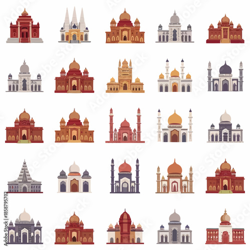 Collection of various architectural landmarks and monuments with intricate designs and domes, illustrated in a stylized manner