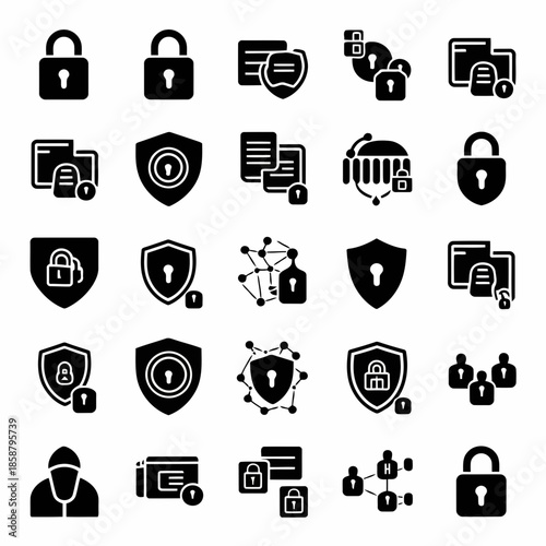 Set of security icons including locks, shields, and network symbols for cybersecurity and data protection concepts