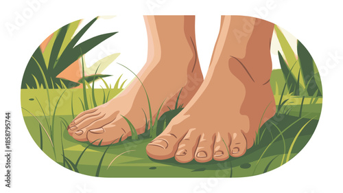 Barefoot in nature, feet on green grass and plants