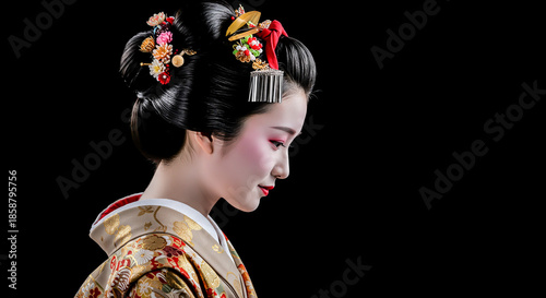 Traditional Japanese Maiko Portrait against Black Background.