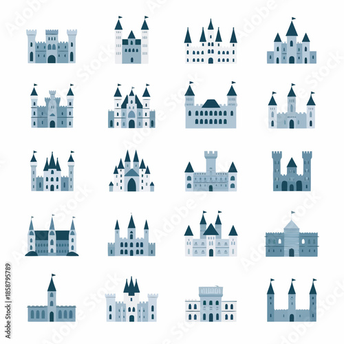 Collection of various medieval castles and fortresses in blue and white illustration style