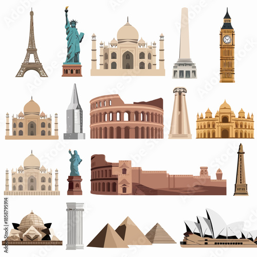Collection of famous landmarks and monuments from around the world, including the eiffel tower, statue of liberty, taj mahal, and more