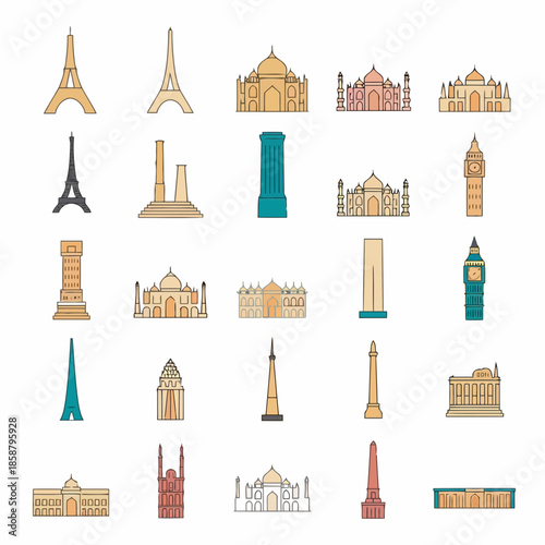 Collection of iconic landmarks and famous buildings from around the world, including eiffel tower, big ben, and more, illustrated in a stylized vector art style