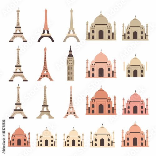 Collection of iconic landmarks including the eiffel tower, big ben, and taj mahal, illustrated in a minimalist style