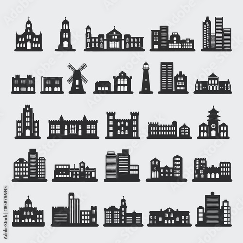 Collection of various building icons including skyscrapers, houses, churches, and windmills in black and white