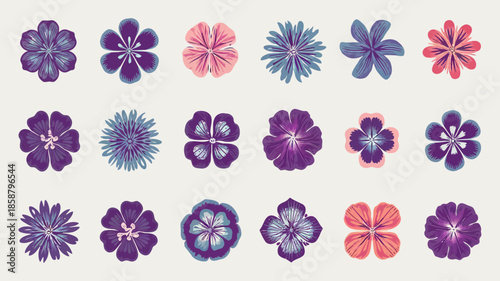 Collection of colorful floral patterns with intricate petal designs in various shades of purple, pink, and blue