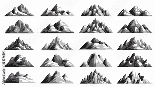 Collection of various mountain illustrations with different shapes and textures in black and white