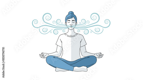 Serene woman meditating with calming swirls around her head in peaceful state
