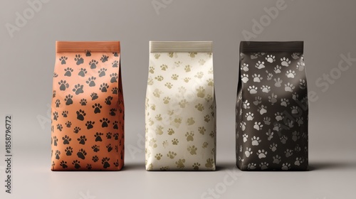 Colorful Pet Food Packaging With Paw Print Designs Displayed on a Neutral Background