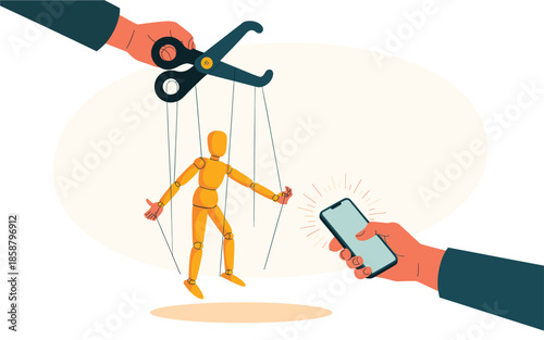 Person controlled by mobile phone with strings and scissors
