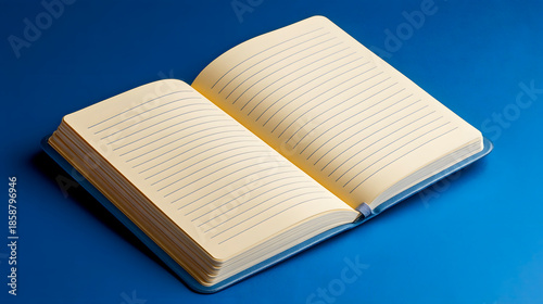 Open Book with Blank line Pages on Blue Background, Education Reading Learning Concept