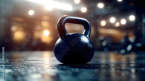 Black Kettlebell on Gym Floor with Blurred Lights, Strength Training Fitness Workout Concept