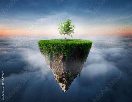Floating Green Island with Small Tree Symbolizing Nature, Fantasy Landscape, Eco Concept, and Tranquil Miniature World Isolated Cutout