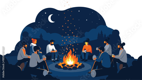 Friends gathered around campfire under starry night sky